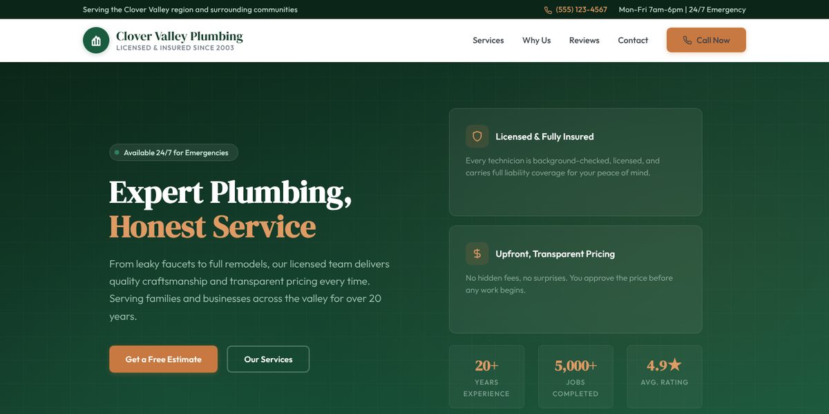 Clover Valley Plumbing website design concept